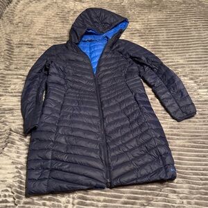Women’s Large Lands End Navy Hooded Puffer Coat with Blue Lining